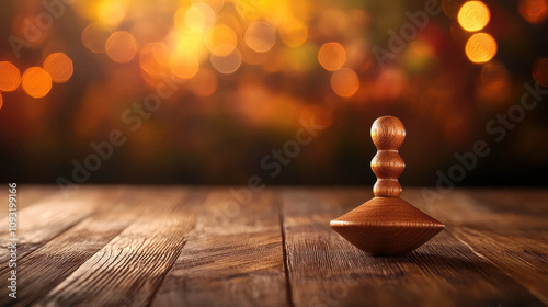 Wooden dreidel spins on rustic table with warm bokeh lights photo