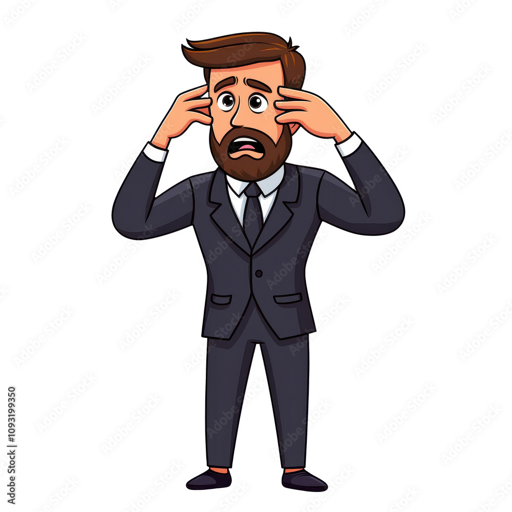 Cartoon man in suit expressing frustration with hands on head, showcasing relatable moment of stress and anxiety in professional setting Cartoon man in suit expressing frustration with hands on head, showcasing relatable moment of stress and anxiety in professional setting