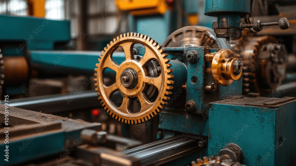 A close-up of a golden gear in a machine, showcasing intricate details and metallic textures in a workshop setting. A close-up of a golden gear in a machine, showcasing intricate details and metallic textures in a workshop setting.