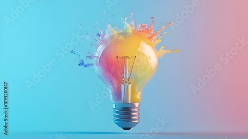 A creative idea featuring a light bulb bursting with vibrant watercolors set against a light blue backdrop.  Think different, creative idea. Productivity and creativity