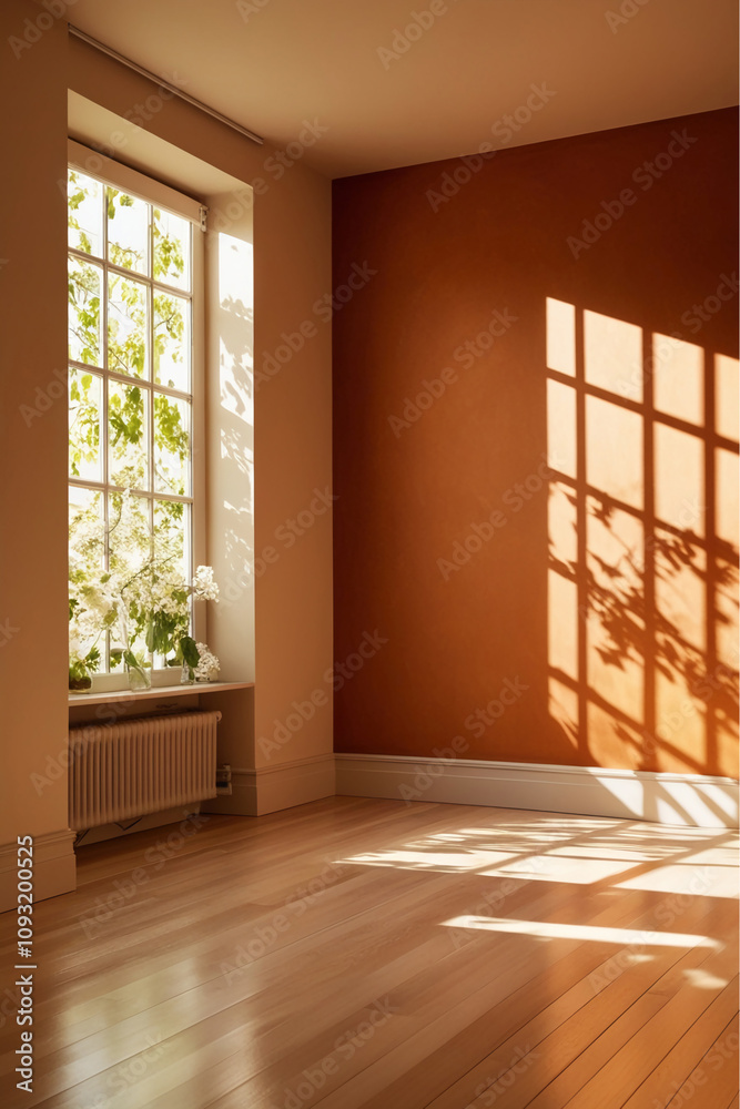 Wooden floor and orange wall studio room background with cozy sunlight from window and leafs summer shadows