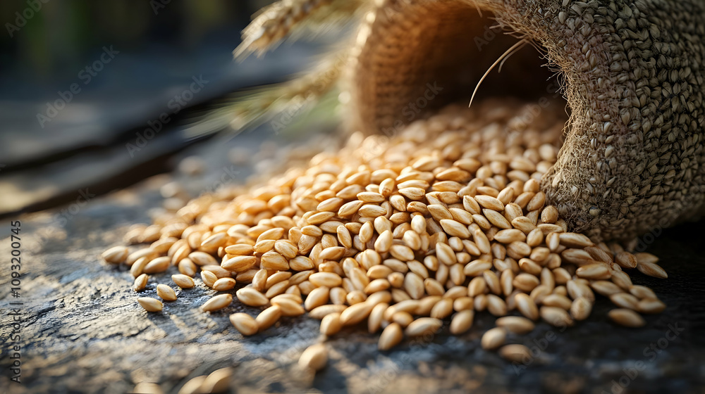 Obraz premium Realistic Photo Wheat Grains Spilling from Burlap Sack