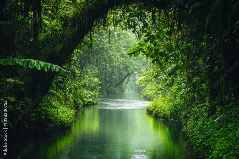Obraz premium Lush Green Rainforest River Tranquil Scene