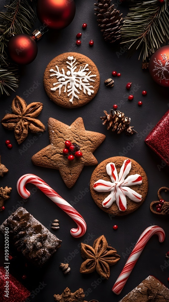 Christmas cookies, candy canes, ornaments, and pine cones on dark background. Christmas cookies, candy canes, ornaments, and pine cones on dark background.