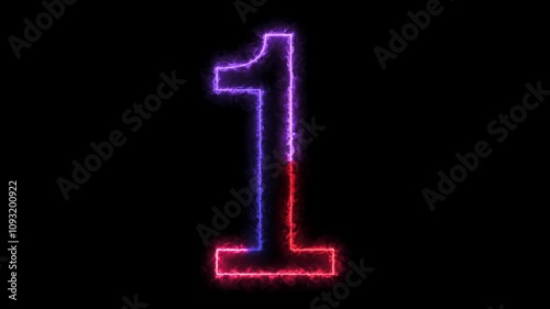 Animation of number 1 with red blue neon colors on the outline and isolated on black background. Number one