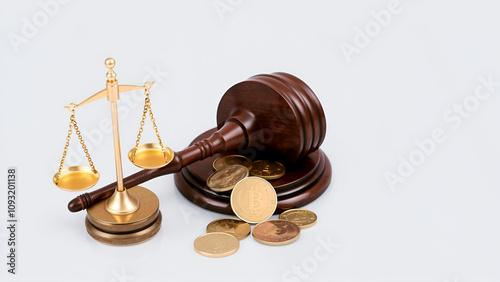 Scales of justice and gold coins isolated on transparent background.