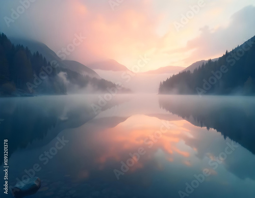 Ethereal light breaking through a soft mist over a tranquil lake, reflecting soft colors of dawn on the water's surface.