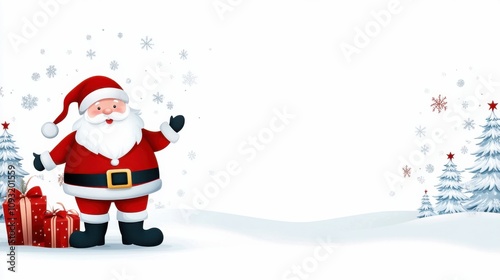 A cheerful Santa Claus stands beside decorated Christmas trees and presents, set against a snowy background, evoking holiday spirit.