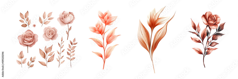 Elegant floral illustrations with a soft beige and pink palette. Elegant floral illustrations with a soft beige and pink palette.