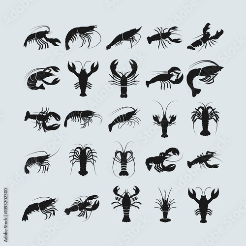 Collection of Lobster and Crayfish Silhouettes on Light Background