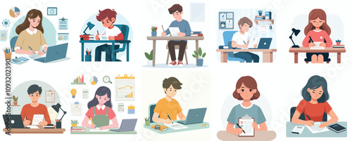 Teenage vector is writing a report for the office with a simple and minimalist flat design style. plain white background 