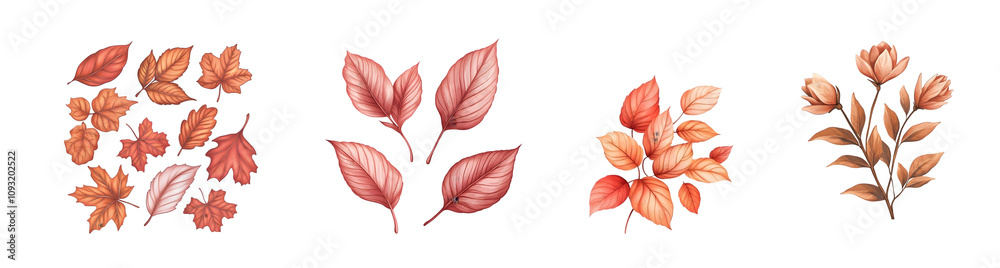 Collection of autumn leaves and flowers in warm orange and earthy tones. Collection of autumn leaves and flowers in warm orange and earthy tones.