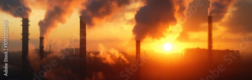 The image showcases smokestacks releasing dark smoke into the sky during a vibrant sunset, highlighting the contrast between industry and nature. photo