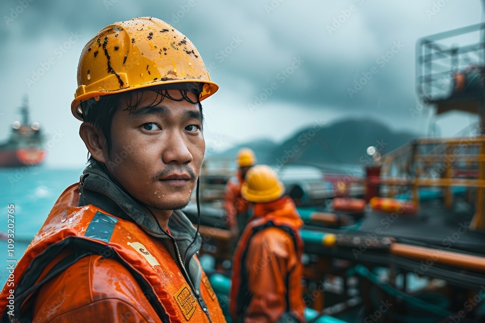 A team of Asian marine engineers works on offshore algae cultivation platforms under a stormy sky. The image highlights sustainable aquaculture, renewable energy, and marine innovation challenges. A team of Asian marine engineers works on offshore algae cultivation platforms under a stormy sky. The image highlights sustainable aquaculture, renewable energy, and marine innovation challenges.