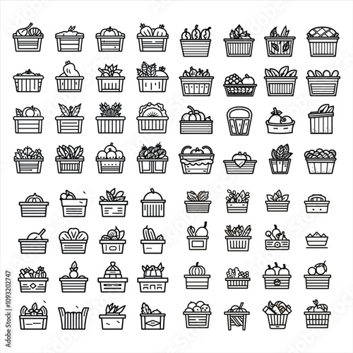 Harvest Wooden Box Icon Set, Grocery or Fresh Vegetable Wooden Box Icon Set Bundle