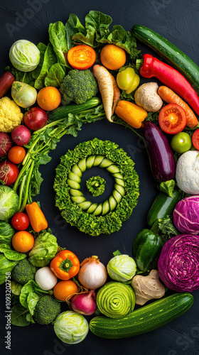 Wallpaper Mural Happy Diet Wellness Awareness Concept. A vibrant arrangement of various fresh vegetables forming a spiral pattern against a dark background, showcasing nature's bounty. Torontodigital.ca