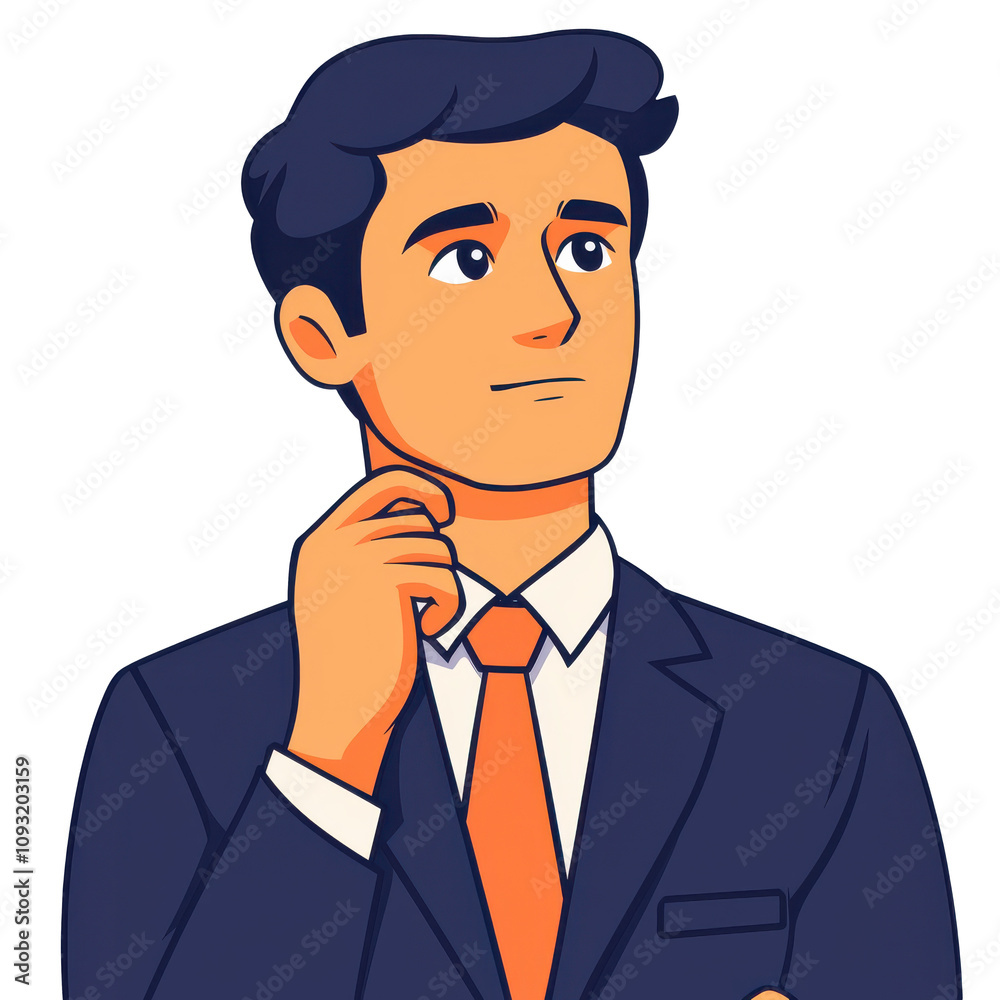 cartoon man in suit is thinking deeply, showcasing thoughtful expression. This illustration captures moment of contemplation and decision making cartoon man in suit is thinking deeply, showcasing thoughtful expression. This illustration captures moment of contemplation and decision making