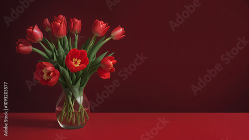 red tulips in a vase on a red background #1093203577