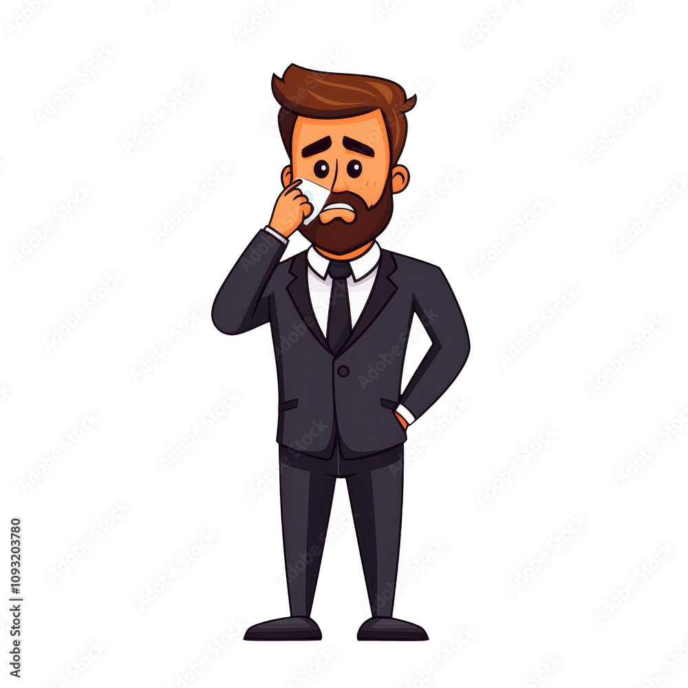cartoon man in suit looks worried while wiping sweat from his face, conveying sense of stress or anxiety cartoon man in suit looks worried while wiping sweat from his face, conveying sense of stress or anxiety