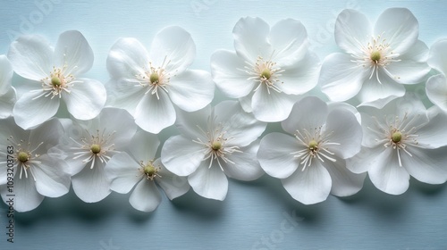 Many white flowers on a blue surface, white background