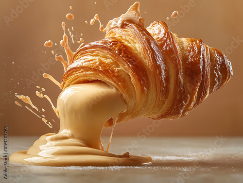 the flaky texture of the croissant and the smooth, rich swirl of the latte photo