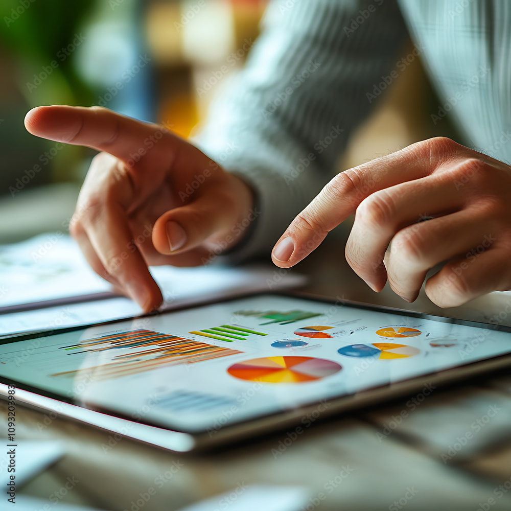 Close up of hands pointing at marketing strategy on tablet, showcasing colorful graphs and charts that illustrate data analysis and business growth Close up of hands pointing at marketing strategy on tablet, showcasing colorful graphs and charts that illustrate data analysis and business growth