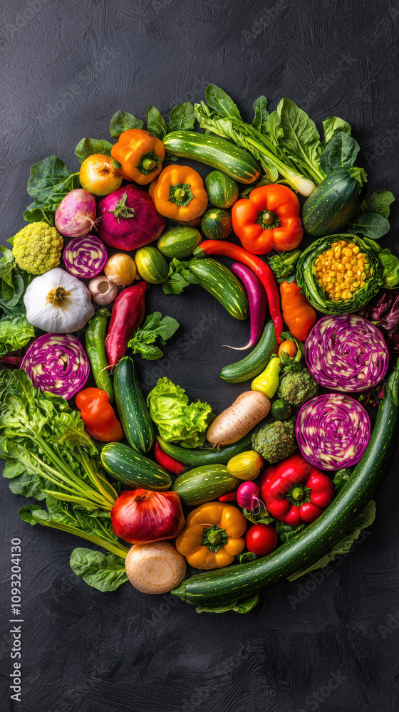 Happy Diet Wellness Awareness Concept. A vibrant arrangement of fresh vegetables, including peppers, cucumbers, and leafy greens, artistically displayed in a circular pattern on a dark background.