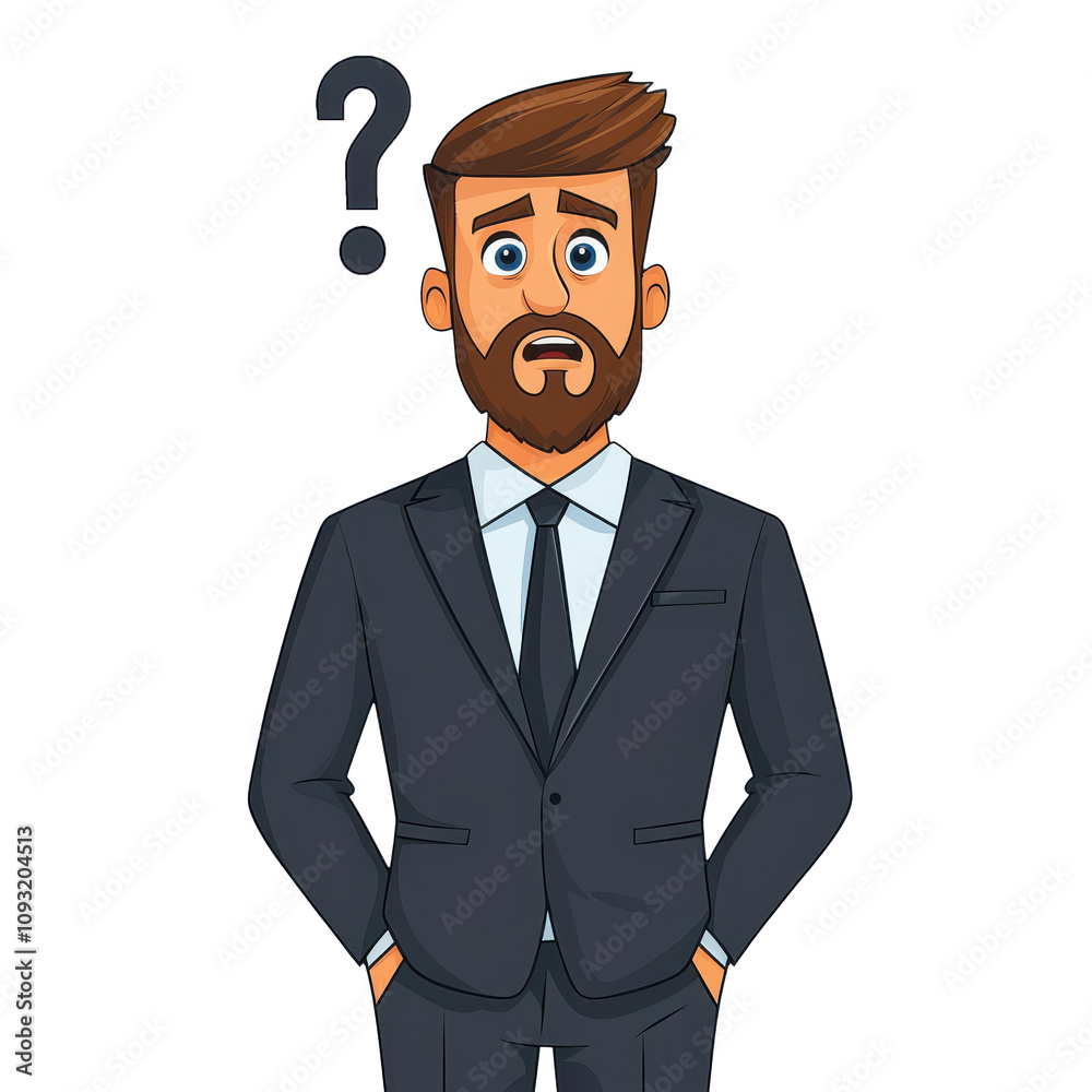 Cartoon man in suit with puzzled expression, looking confused and uncertain. His hands are in his pockets, conveying sense of bewilderment