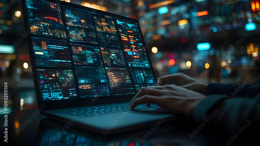 Photo Hacker Coding on Laptop with Multiple Screens at Night Photo Hacker Coding on Laptop with Multiple Screens at Night