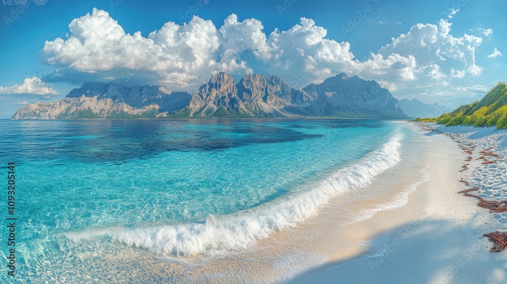 Obraz premium A serene beach scene with clear turquoise waters and majestic mountains in the background.