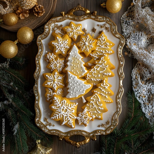 Golden Christmas cookies on ornate tray. photo