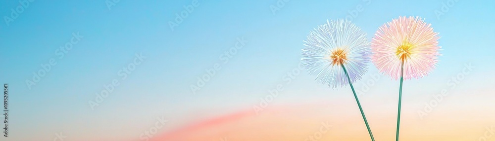 Two delicate dandelions stand against a serene pastel sky, capturing the essence of nature's beauty and tranquility. Two delicate dandelions stand against a serene pastel sky, capturing the essence of nature's beauty and tranquility.
