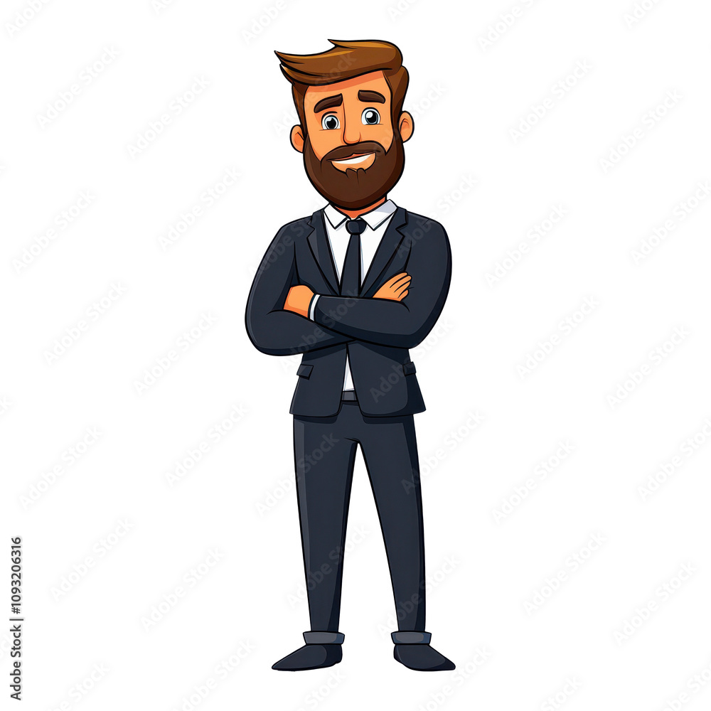 Confident cartoon man in suit with arms crossed, smiling warmly. This character embodies professionalism and approachability, perfect for business related themes Confident cartoon man in suit with arms crossed, smiling warmly. This character embodies professionalism and approachability, perfect for business related themes