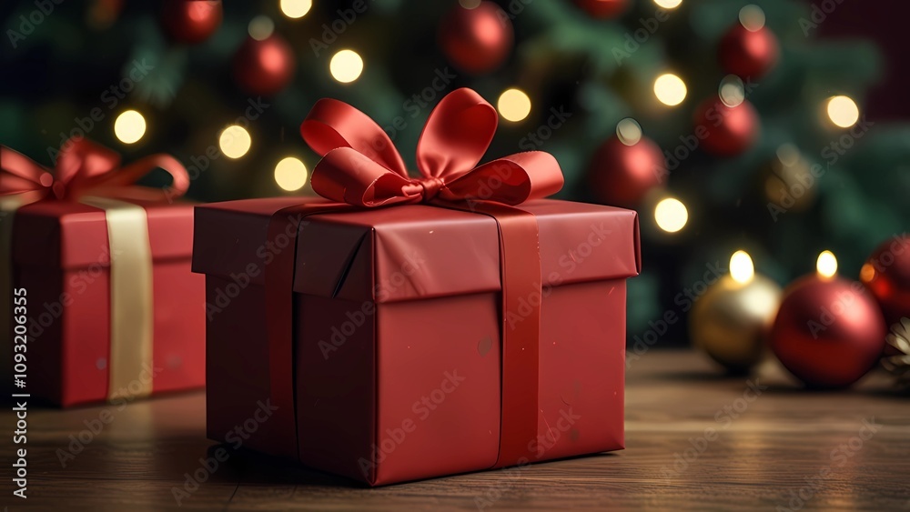Red natalina gift box next to christmas tree Red natalina gift box next to christmas tree