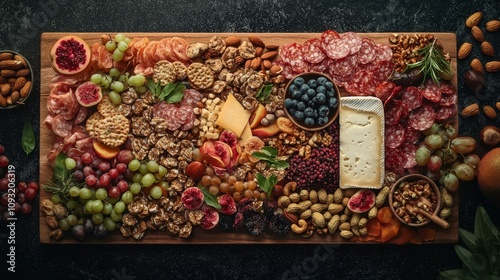 Gourmet charcuterie board kitchen food photography rustic setting top-down view culinary artistry