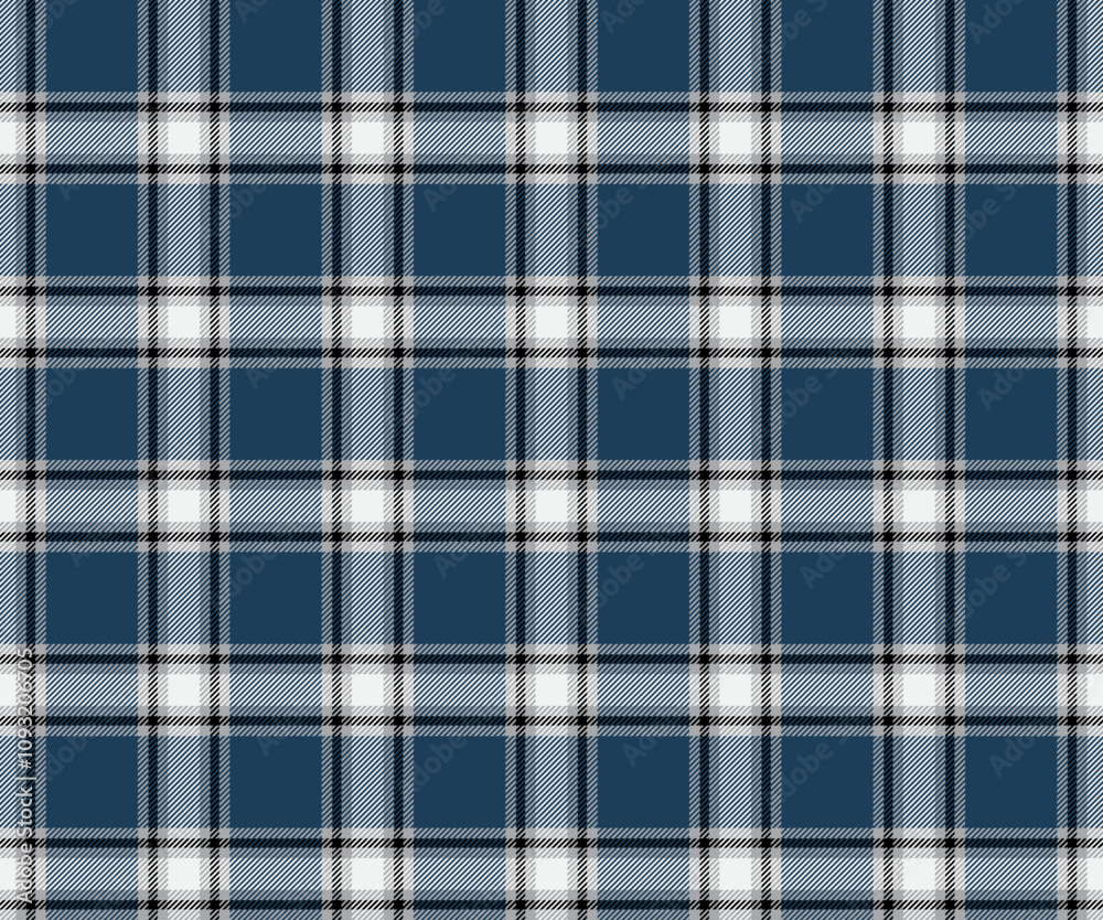 Plaid fabric pattern, blue, white, black, seamless for textiles, and for designing clothes, skirts, pants or decorative fabrics. Vector illustration.