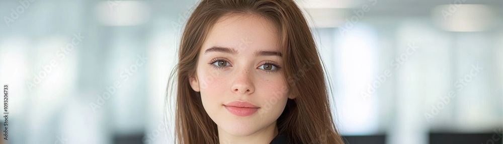 A young woman with long hair smiles softly, set against a blurred, modern backdrop, conveying a professional yet approachable demeanor. A young woman with long hair smiles softly, set against a blurred, modern backdrop, conveying a professional yet approachable demeanor.