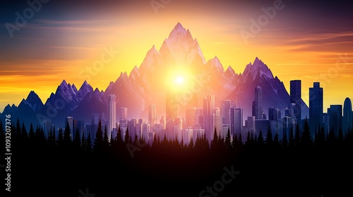 Serene Mountain Landscape at Dawn with Urban Skyline Silhouette Against Glowing Sunrise Over Majestic Peaks and Verdant Forestation