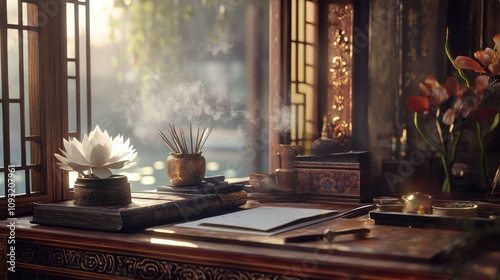 Zen-inspired desk with incense near serene lake view photo