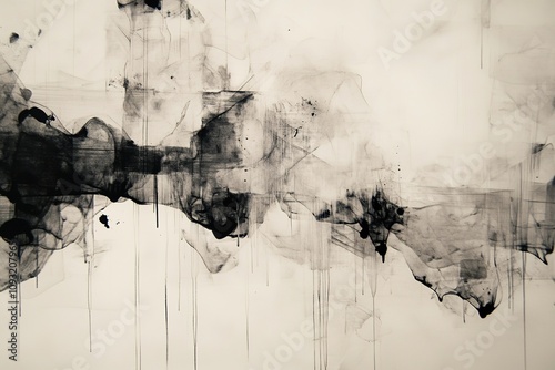 Abstract black ink blots on white canvas with drips