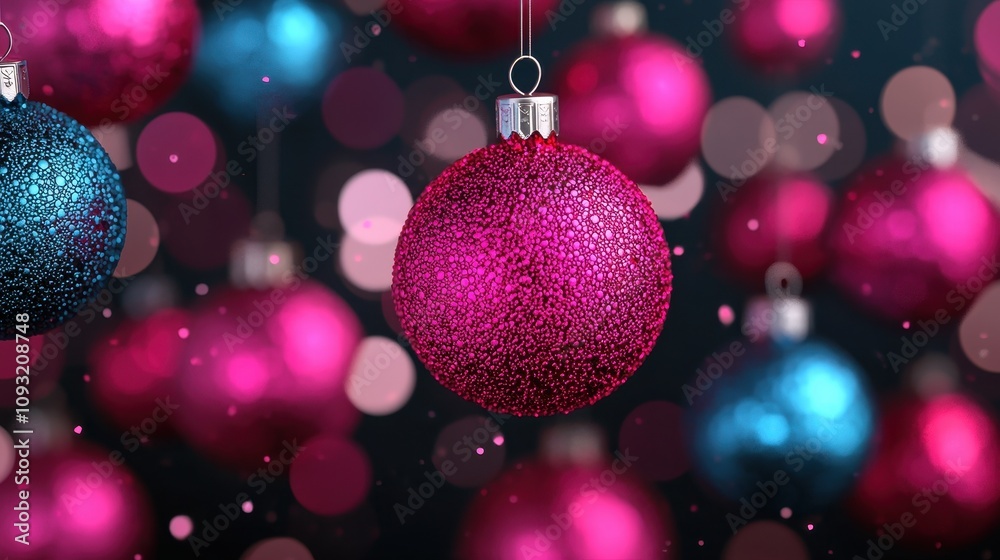 Obraz premium Abstract holographic Christmas ornaments floating in a dark, iridescent background, glowing softly, Futuristic, Digital artcloses up