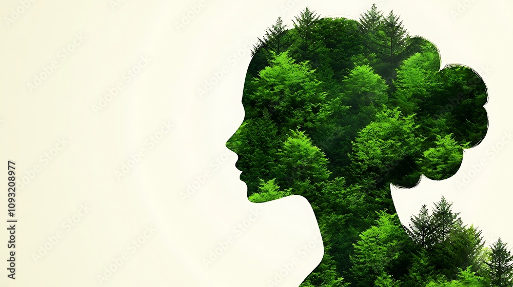 Serene Portrait of a Woman’s Profile with Nature Blending into the Silhouette, Symbolizing Harmony and Connection with the Environment Serene Portrait of a Woman’s Profile with Nature Blending into the Silhouette, Symbolizing Harmony and Connection with the Environment