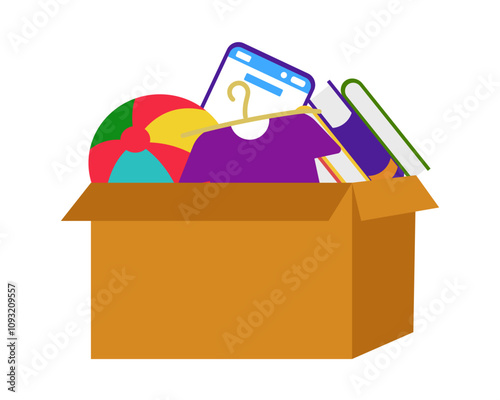 Box with things, clothes, toys. Garage sale, junk. Vector simple color flat illustration.