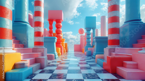 A whimsical 3D environment featuring colorful pillars and playful shapes set against a bright blue sky with fluffy clouds, creating a vibrant abstract landscape