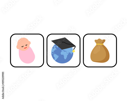 Newborn, education, earnings. Vector simple color flat illustration.