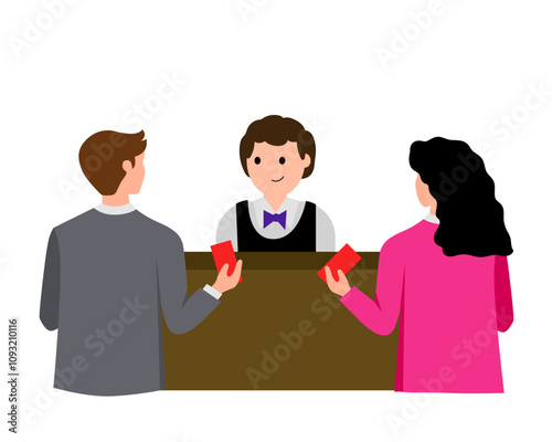 Purchase of ration coupons, purchase of tickets. Vector simple color flat illustration.