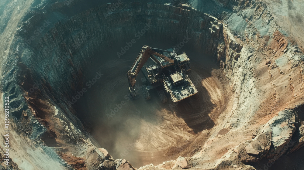 A large excavation site featuring heavy machinery digging deep into the earth, surrounded by rocky terrain. A large excavation site featuring heavy machinery digging deep into the earth, surrounded by rocky terrain.