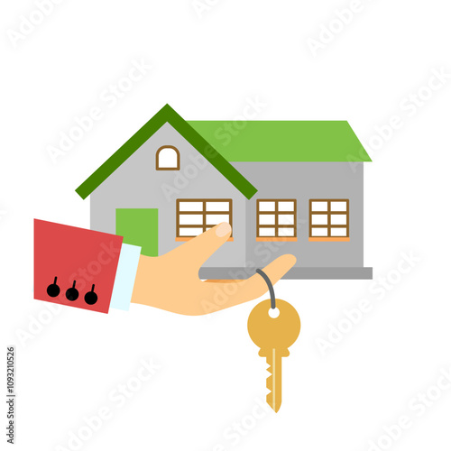 Hand with house and key. Vector simple color flat illustration.