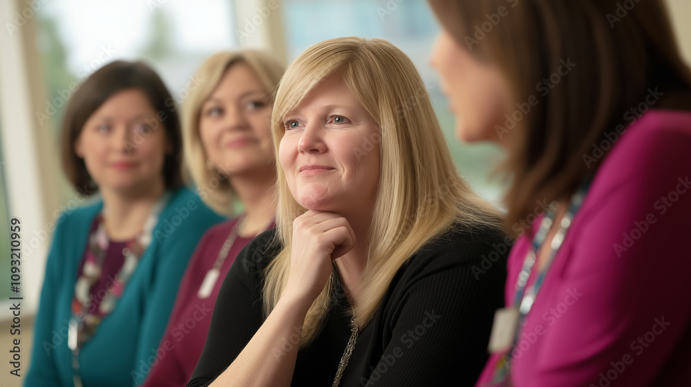 Obraz premium A thoughtful woman with a slight smile participating in a group discussion, surrounded by attentive colleagues in a bright setting.