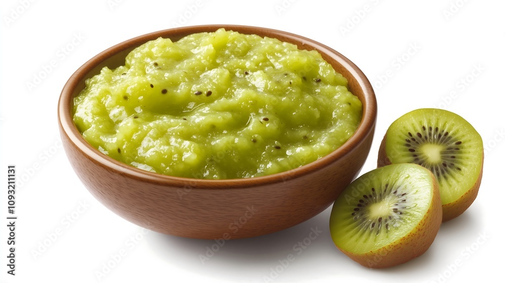 Green kiwi puree in a ceramic bowl sliced kiwi fruit side, white background, mashed, crushed, juice, ingredients, smoothie Green kiwi puree in a ceramic bowl sliced kiwi fruit side, white background, mashed, crushed, juice, ingredients, smoothie